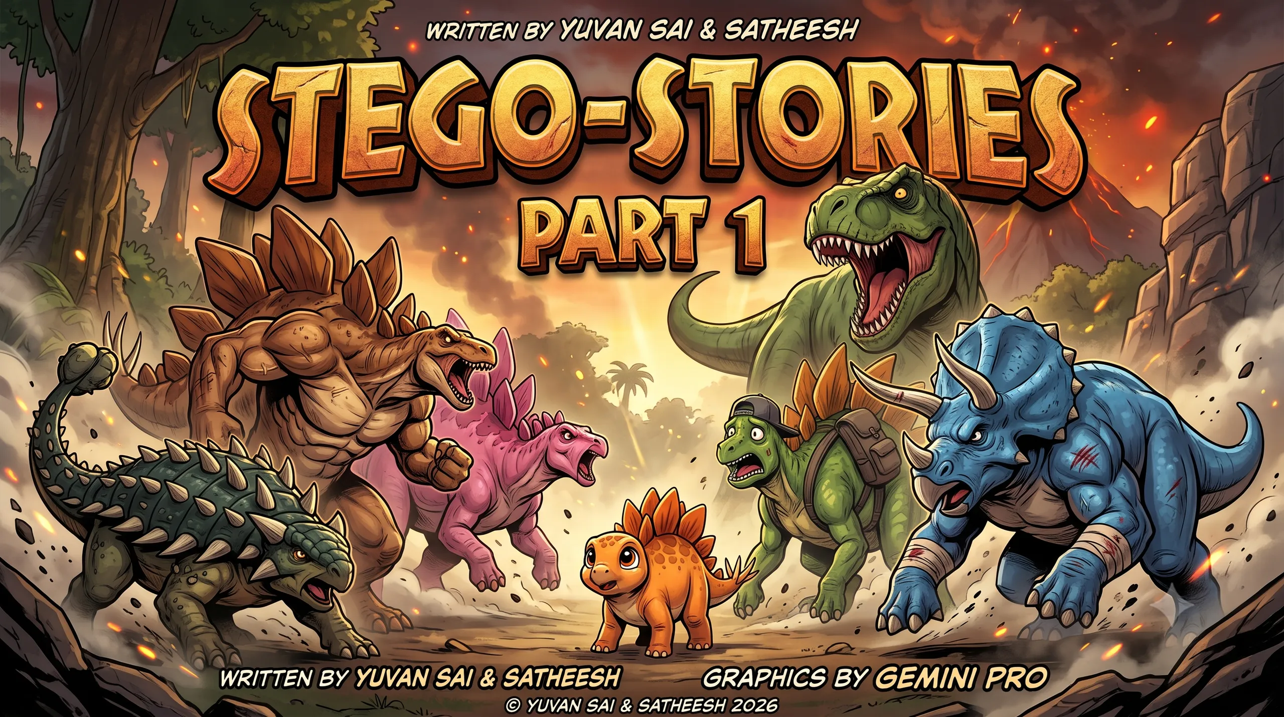 Front cover: the title Stego-Stories Part 1 in big golden letters over a smoky volcanic jungle. A muscular brown stegosaurus, a pink stegosaurus, a green ankylosaurus, a small orange baby stegosaurus, a green teenage stegosaurus in a cap and backpack, and a battle-scarred blue triceratops face a roaring T-Rex. Written by Yuvan Sai and Satheesh, graphics by Gemini Pro.